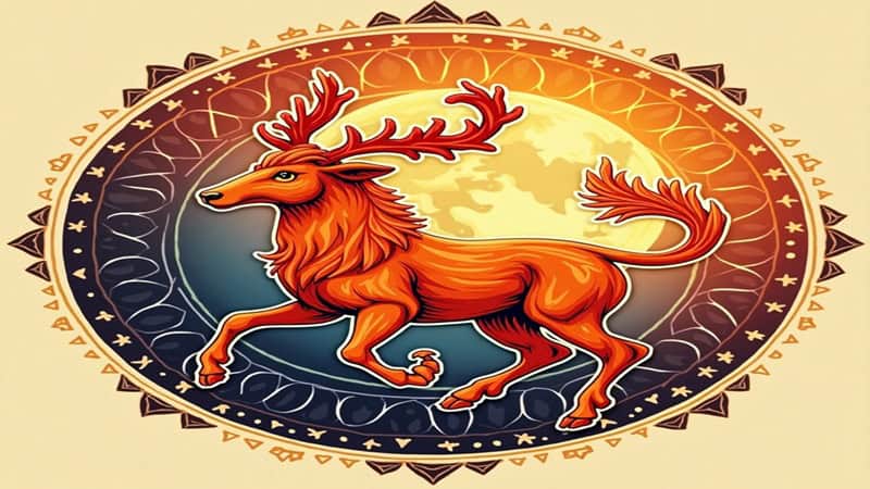 “Aries symbol surrounded by icons of love, career, and compatibility”.